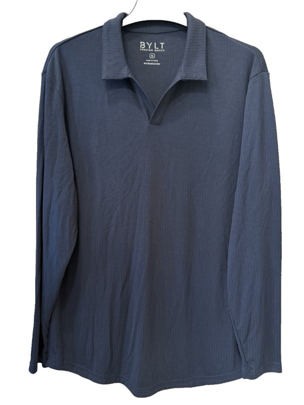BYLT Polo Shirt Mens XL Navy Blue Ribbed Open V Long Sleeve Modal Premium Basics
